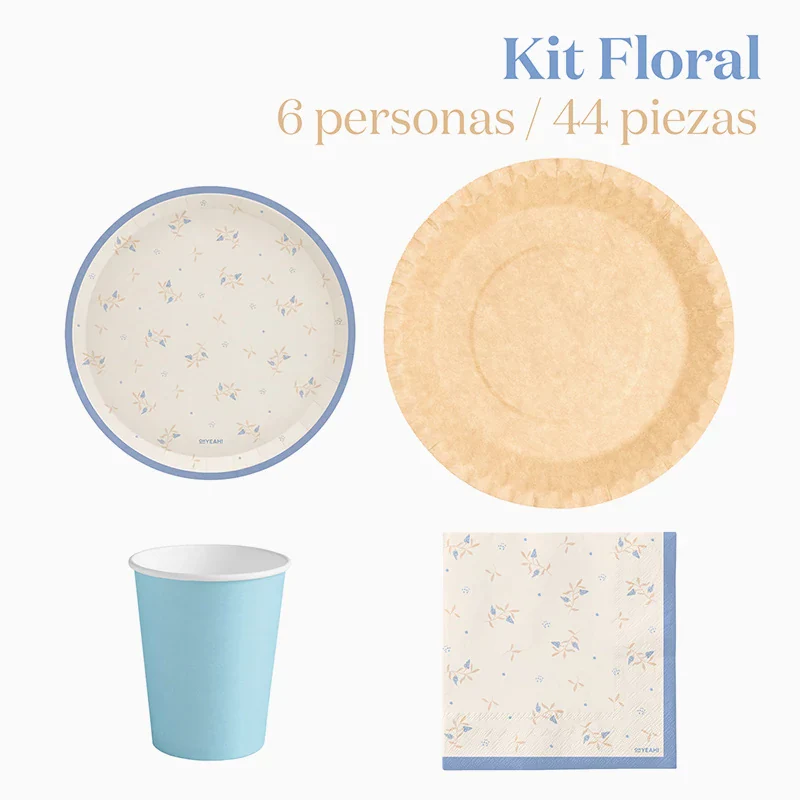 Kit Mesa Basic 6 Personas Floral Azul 44 piezas
